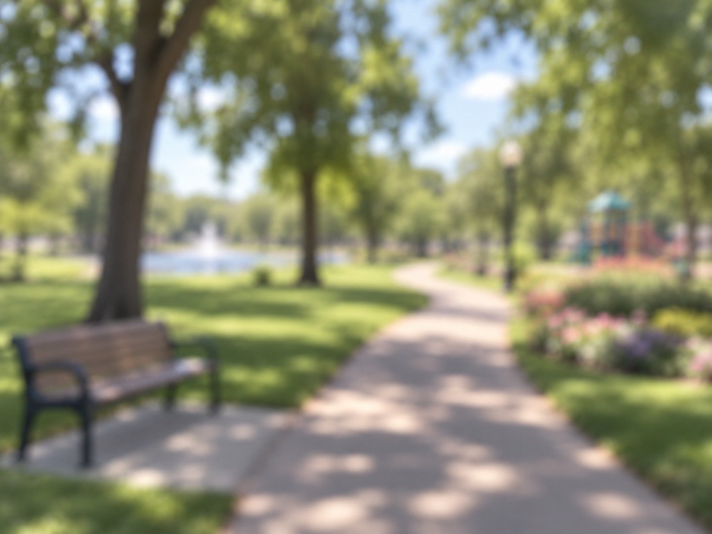Simulation of blurred vision: a sunlit park path, bench and flowerbeds all out of focus