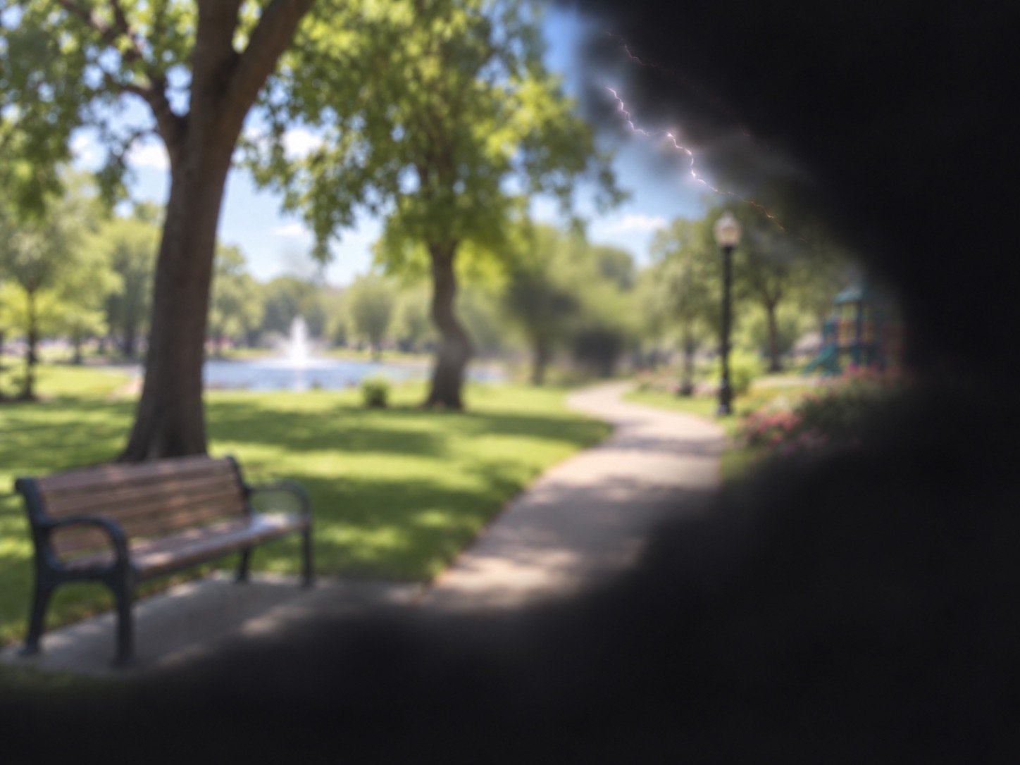 Simulation of a retinal detachment: the same park scene with a dark curtain closing in from one side and a jagged flash of light at its edge