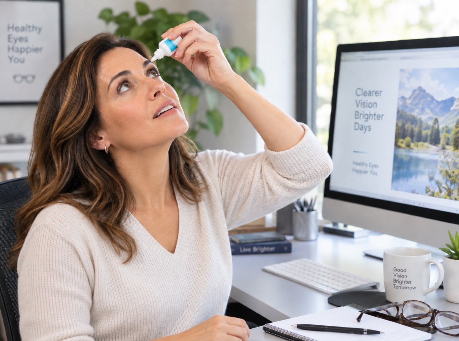 Woman at her desk using lubricating eye drops while working at a computer