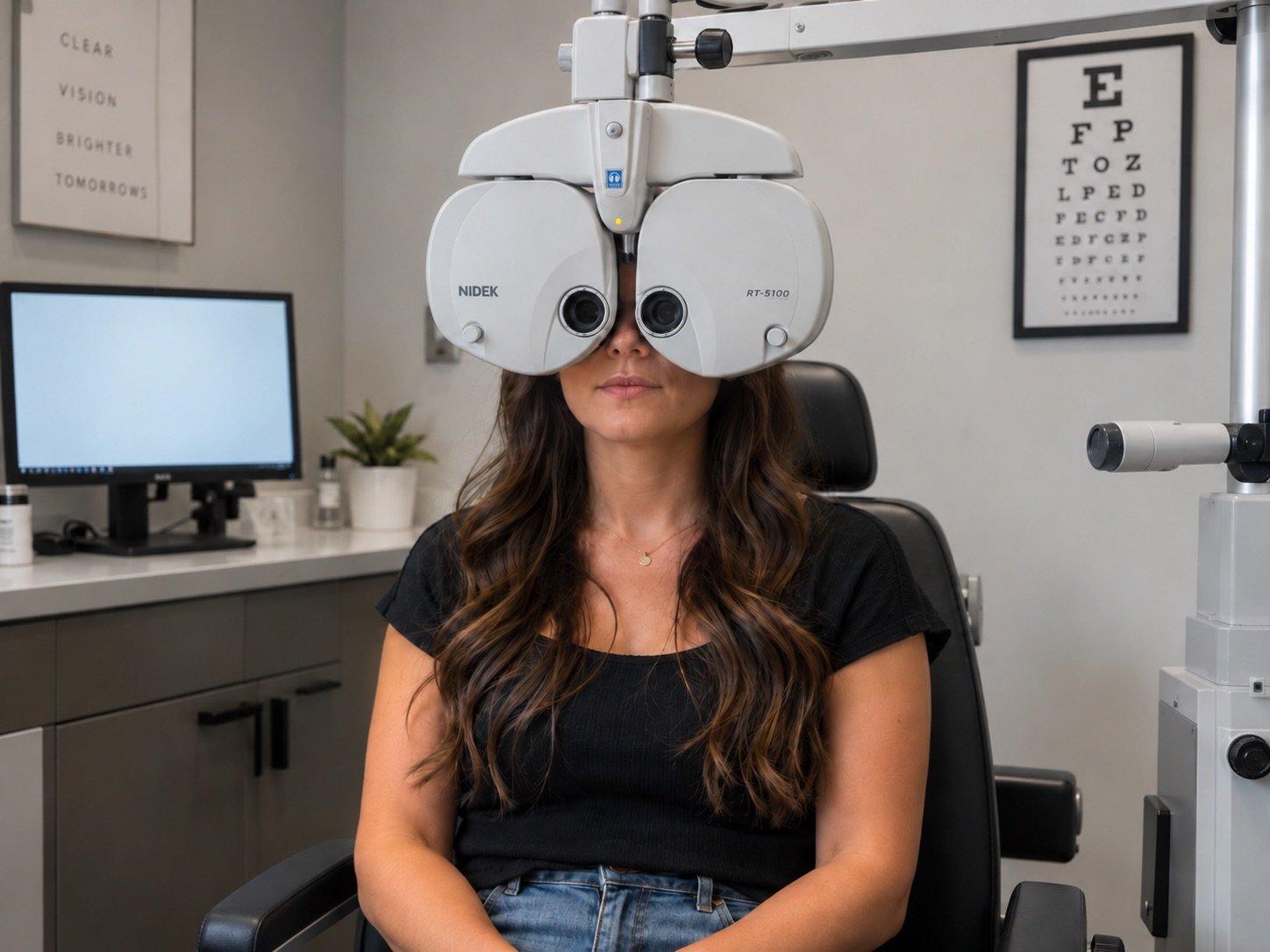 A patient seated in the exam chair looking through the phoropter during a comprehensive eye exam at Luminous Optometry