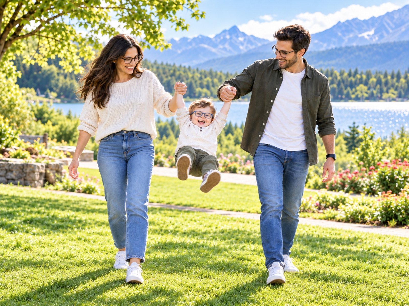 Parents and their young child walking outdoors together, both parents wearing glasses