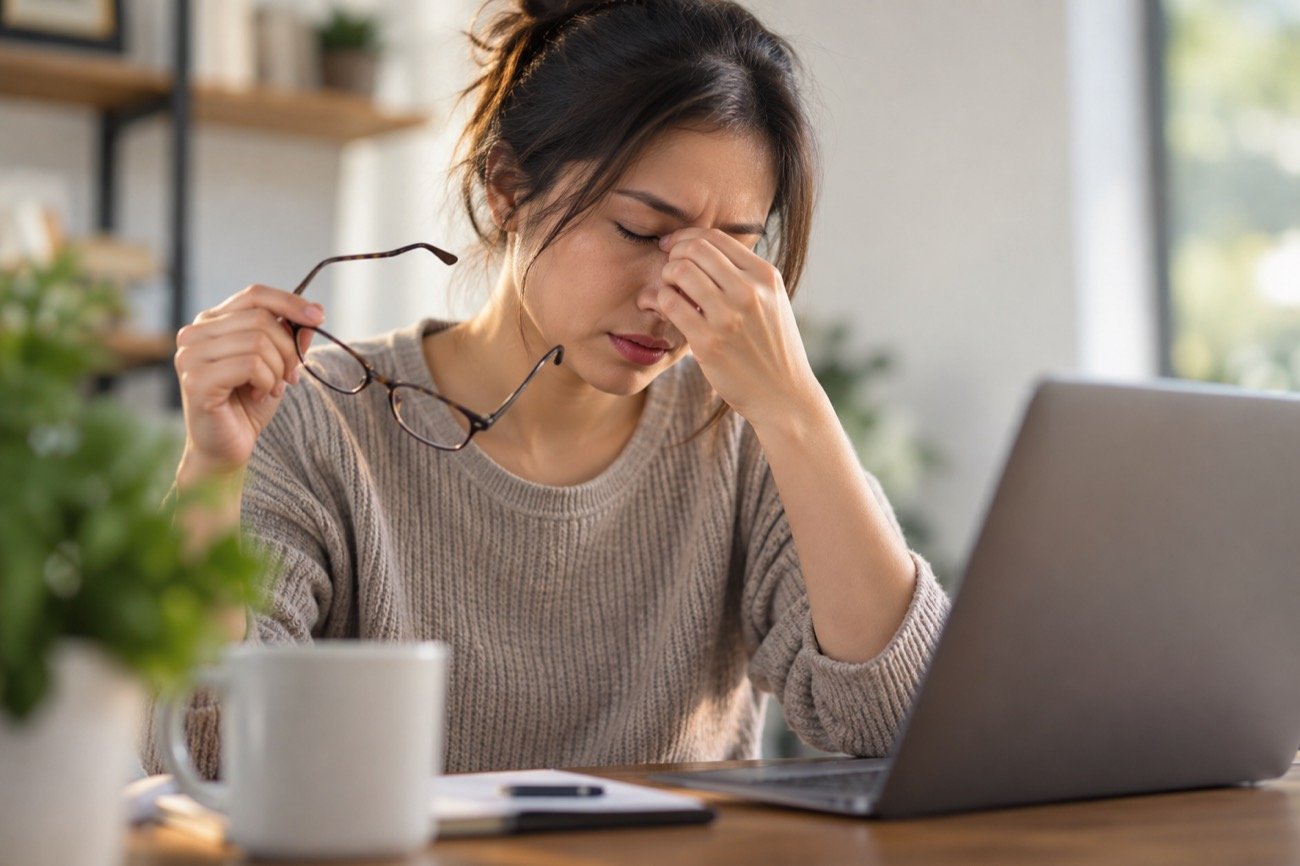 A woman at a laptop with her glasses off, pinching the bridge of her nose with her eyes closed
