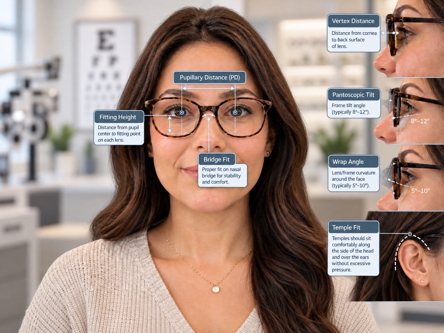 Diagram of spectacle fitting measurements taken on a patient wearing glasses: pupillary distance, fitting height, bridge fit, vertex distance, pantoscopic tilt of 8 to 12 degrees, wrap angle of 5 to 10 degrees, and temple fit