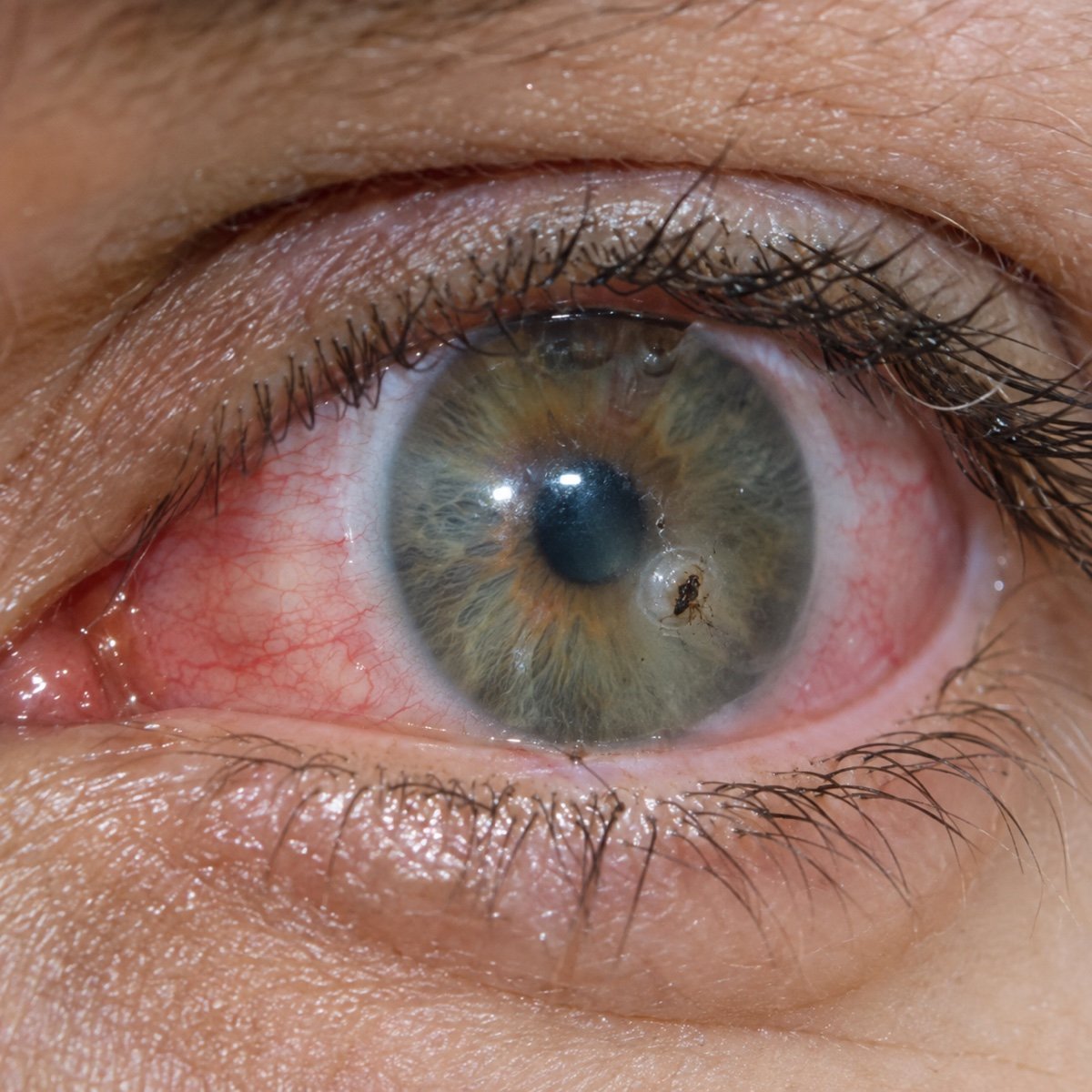 Close-up of a red, inflamed eye with a small dark foreign body embedded on the cornea beside the pupil