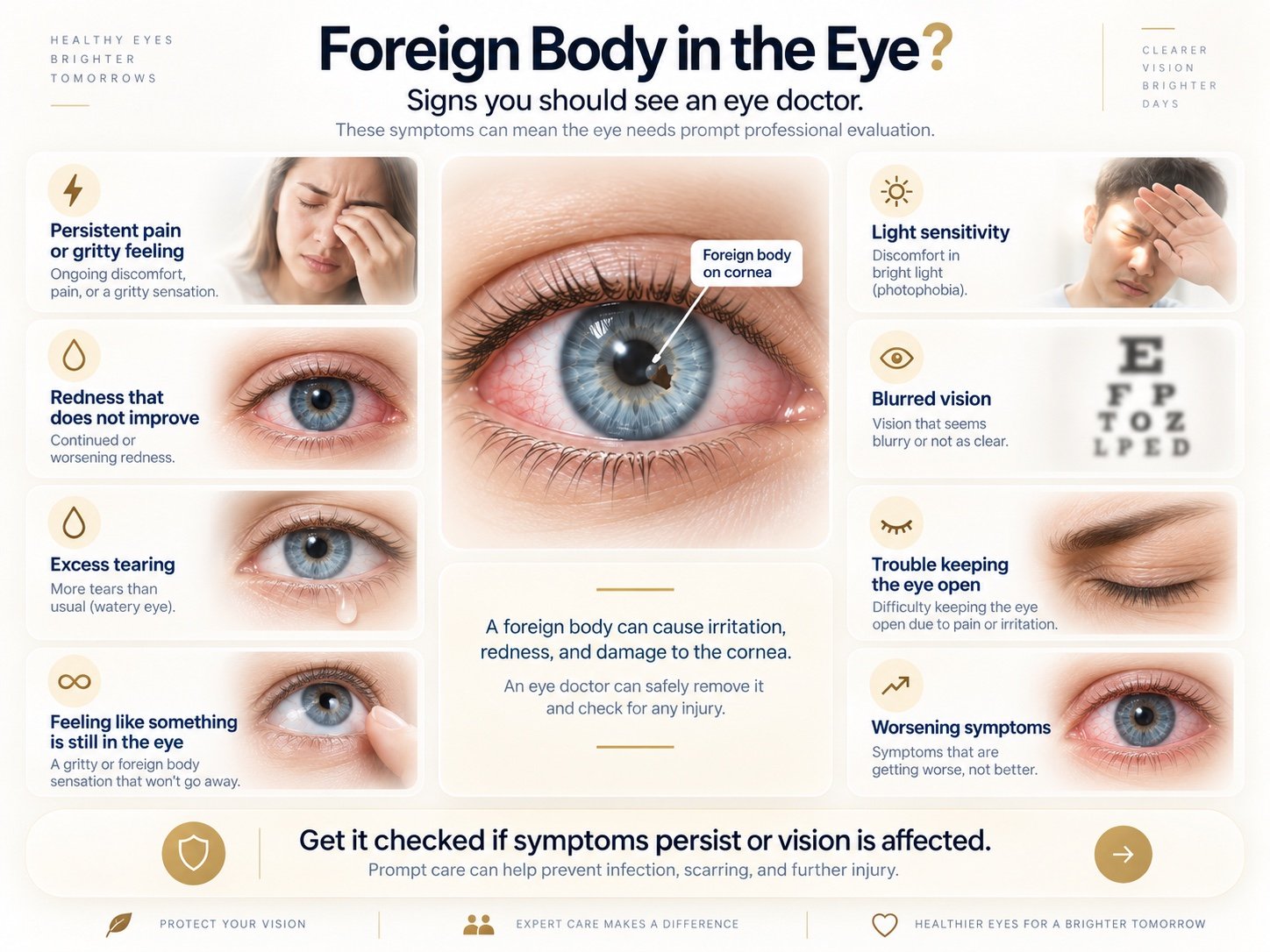 Chart of signs that a foreign body in the eye needs to be seen: persistent pain or gritty feeling, redness that does not improve, excess tearing, a sensation that something is still there, light sensitivity, blurred vision, trouble keeping the eye open, and symptoms that are getting worse