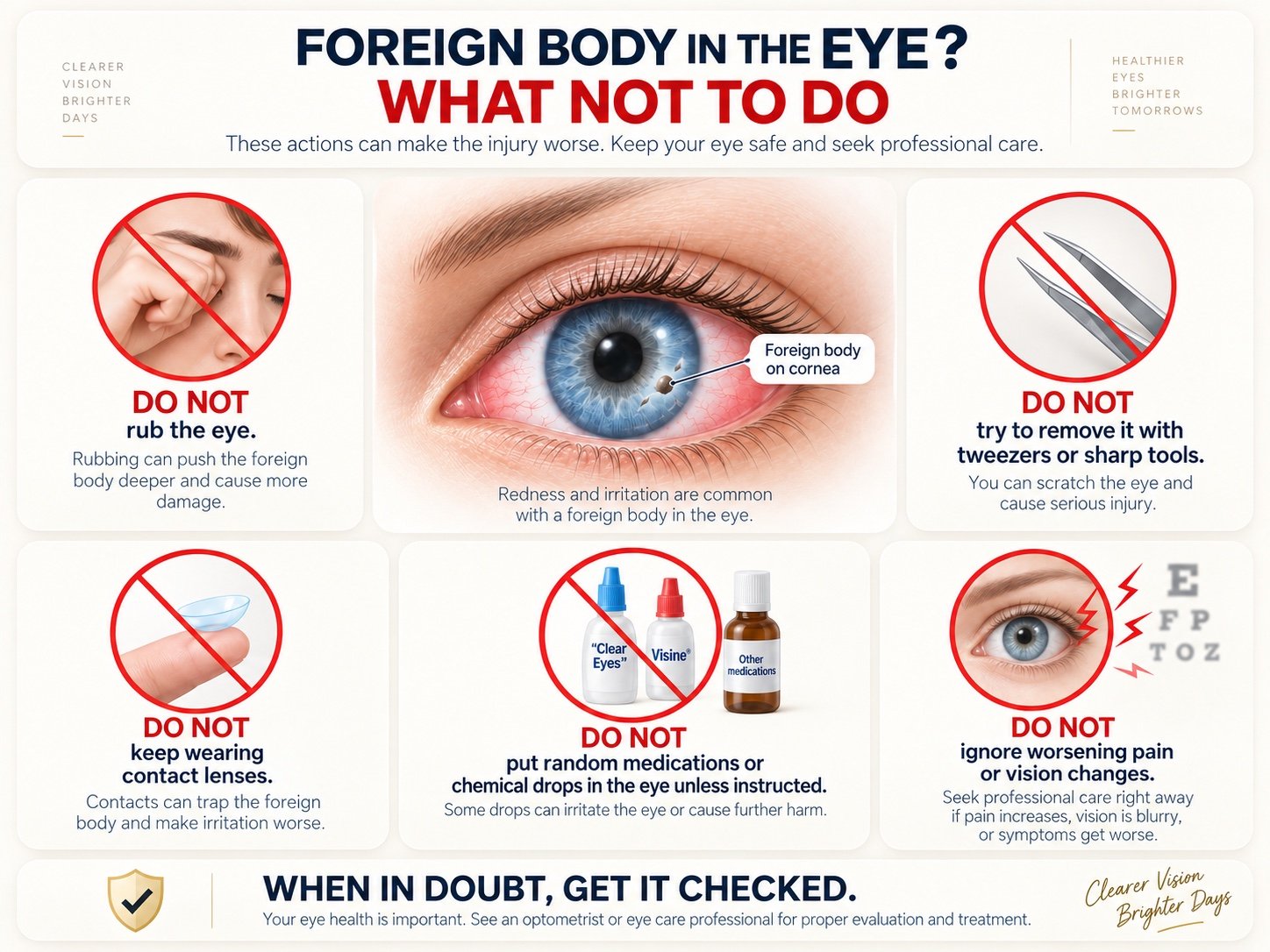 Chart of what not to do with a foreign body in the eye: do not rub the eye, do not try to remove it with tweezers or sharp tools, do not keep wearing contact lenses, do not put random drops or medications in, and do not ignore worsening pain or vision changes