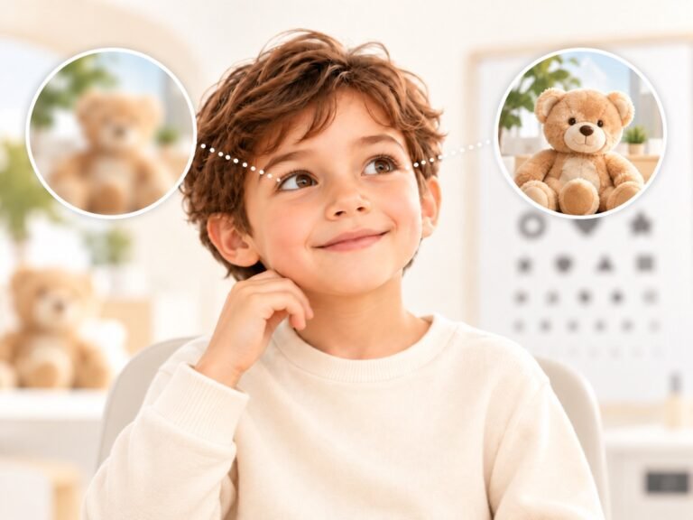 A boy looking up, with one circle showing a blurred teddy bear and the other the same teddy bear in sharp focus, illustrating unequal vision between the two eyes