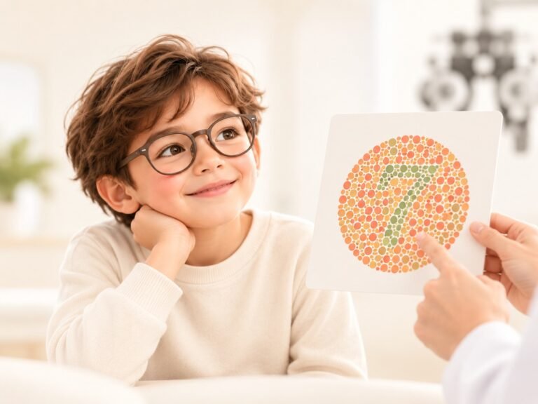 A boy in glasses looking at an Ishihara color vision test plate held up by a clinician