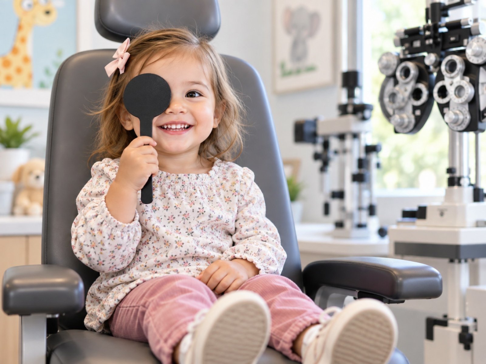 Smiling toddler in an exam chair holding a black occluder over one eye