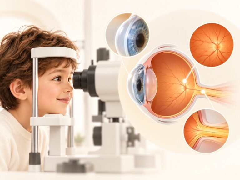 A young boy at a slit lamp beside a cross-section diagram of the eye with detail views of the cornea, retina and optic nerve