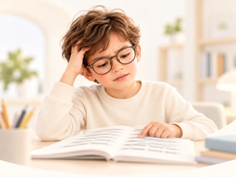 A boy in glasses resting his head on his hand while reading an open book at a desk, looking tired and frustrated