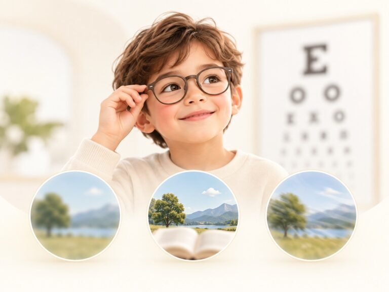 A boy in glasses smiling beside an eye chart, with three circles showing the same landscape blurred, clear and blurred again