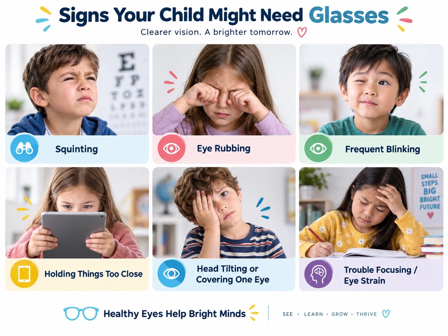 Signs a child might need glasses, shown in six photographs: squinting, rubbing the eyes, frequent blinking, holding a tablet too close, tilting the head or covering one eye, and trouble focusing or eye strain while reading