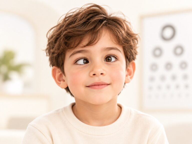 Close-up of a young boy in front of an eye chart with one eye turned inward while the other looks straight ahead