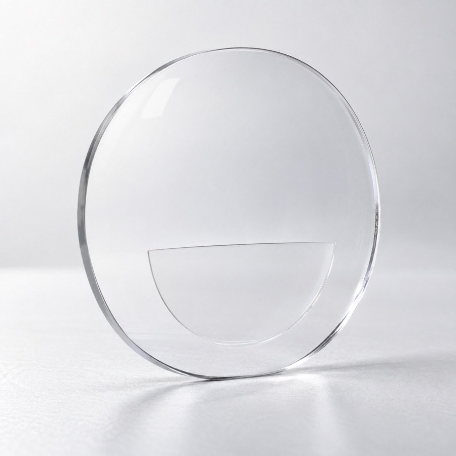 A bifocal lens showing the D-shaped reading segment and its visible dividing line