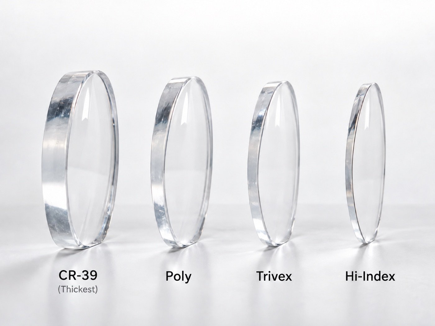 Four spectacle lenses of the same prescription shown edge-on, from thickest to thinnest: CR-39, polycarbonate, Trivex and high-index