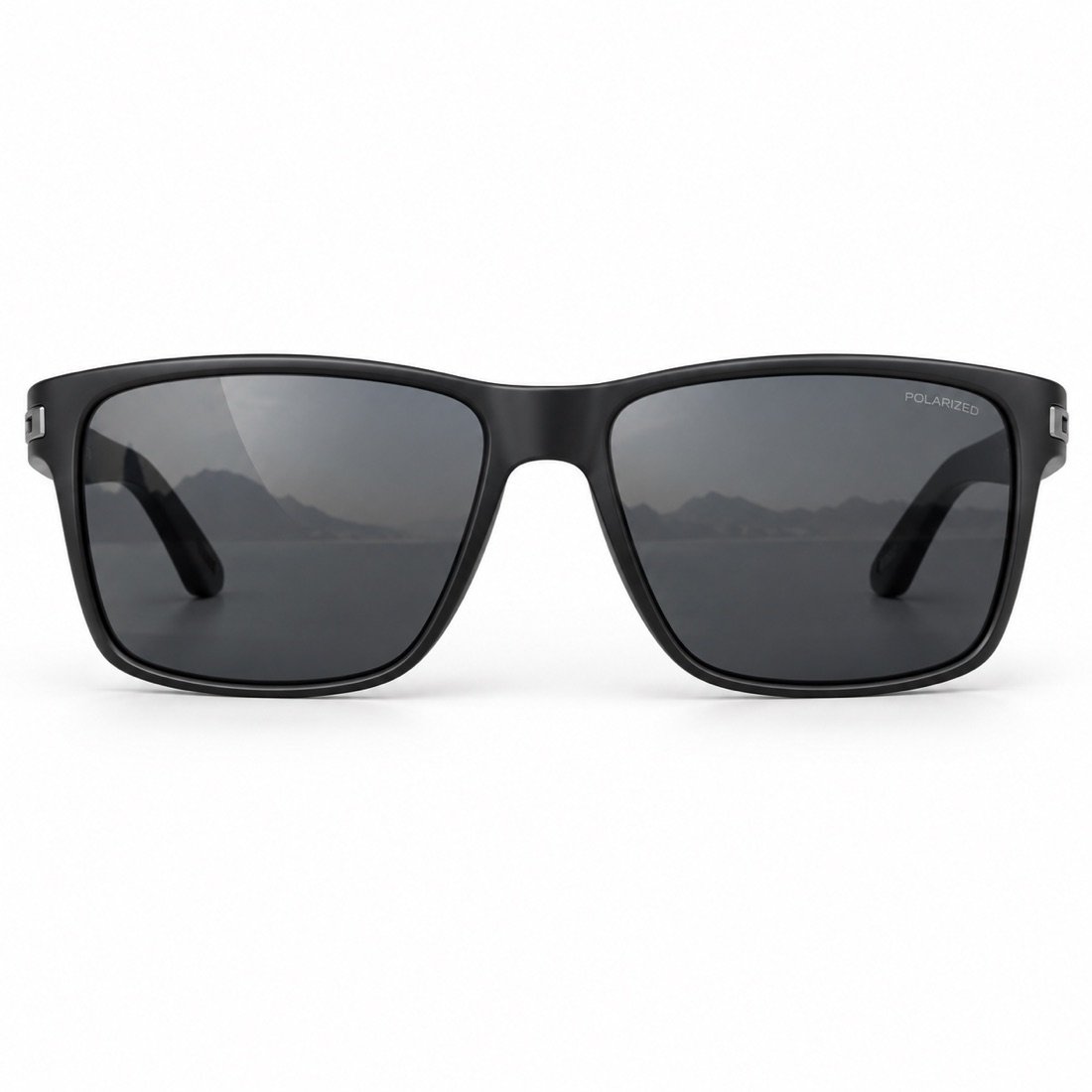 Black polarized sunglasses showing a glare-free view of water and distant hills through the lenses