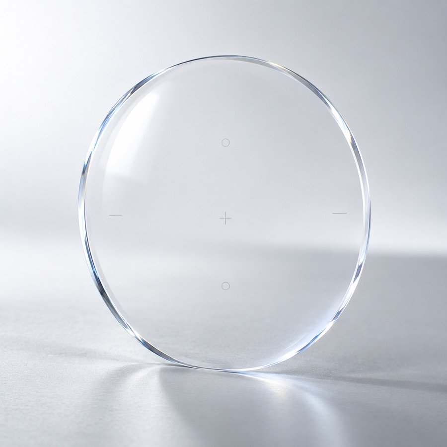 A progressive lens with no visible line, showing the faint engraved alignment marks