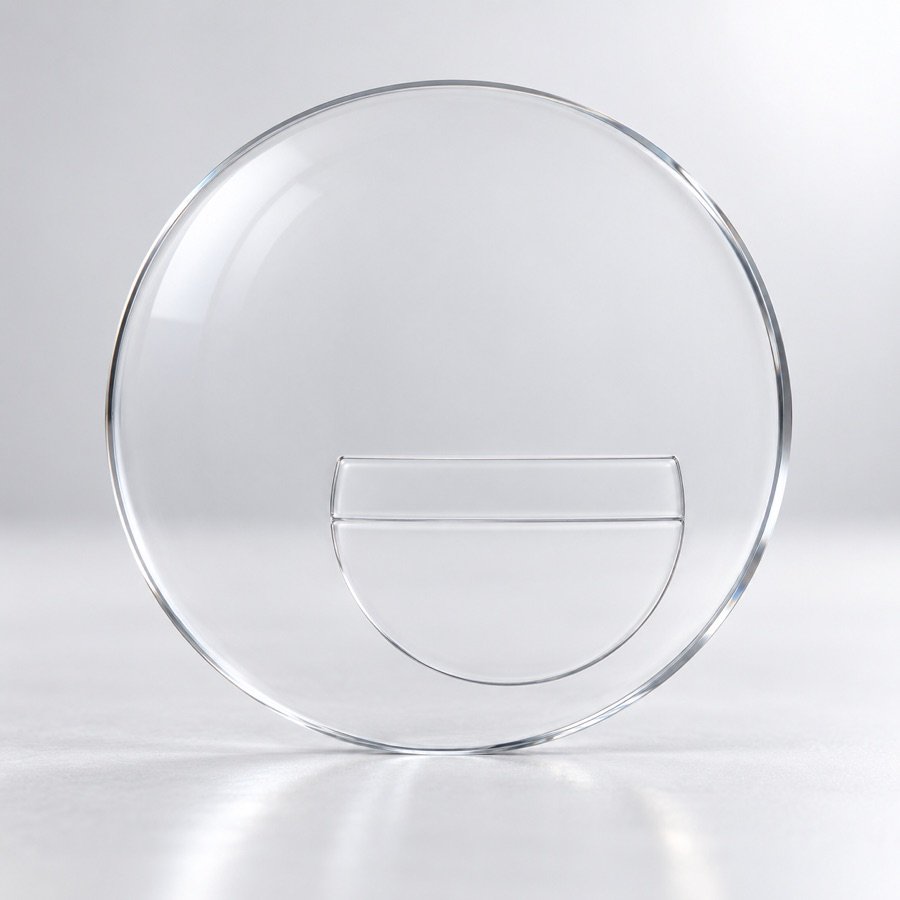 A trifocal lens showing the narrow intermediate strip above the near segment