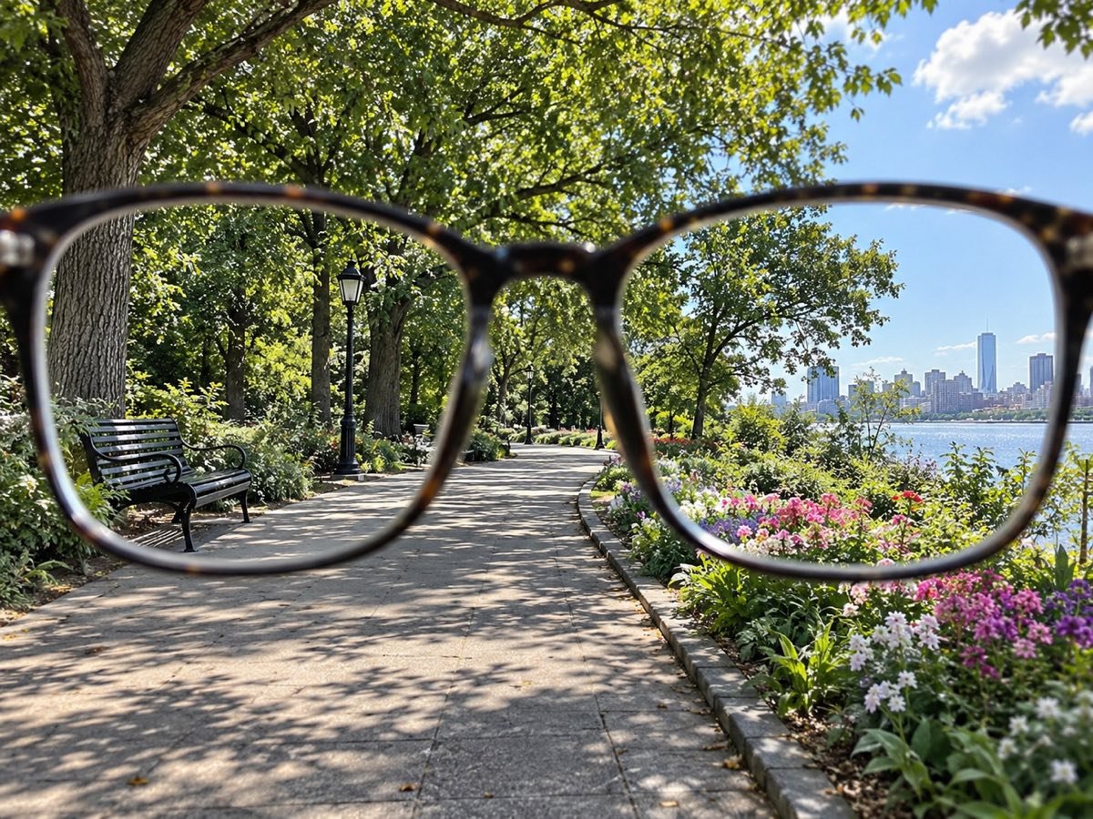Looking through a pair of tortoiseshell glasses at a sunlit park path, the view sharp through the lenses
