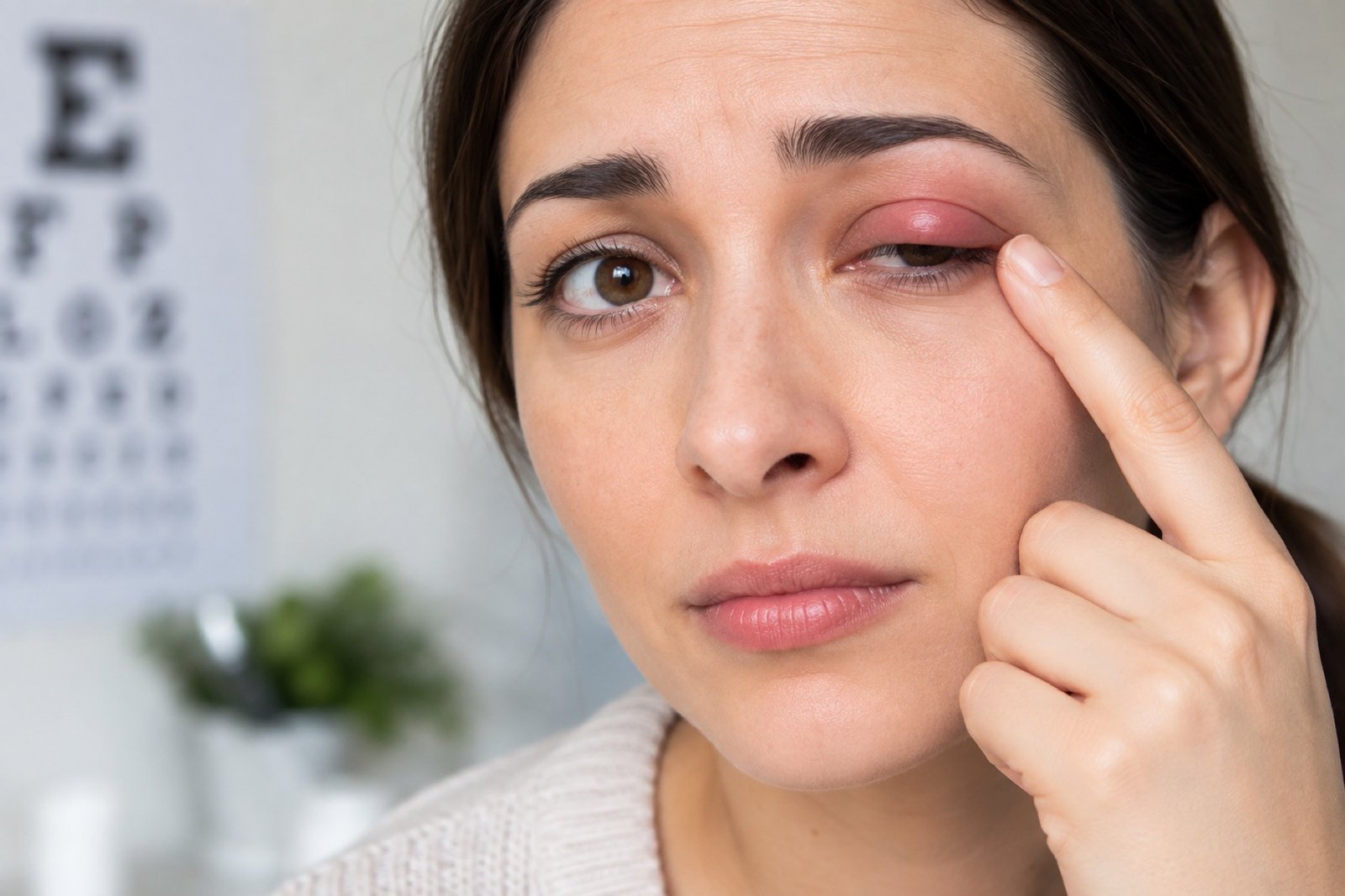 Woman with a swollen, red upper eyelid pointing to it, an eye chart on the wall behind her