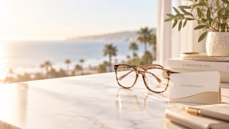 Tortoiseshell glasses and a membership card on a sunlit marble counter, with a Southern California coastline beyond