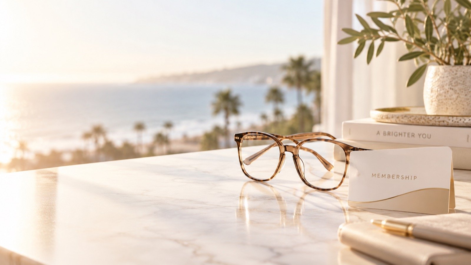 Tortoiseshell glasses and a membership card on a sunlit marble counter, with a Southern California coastline beyond