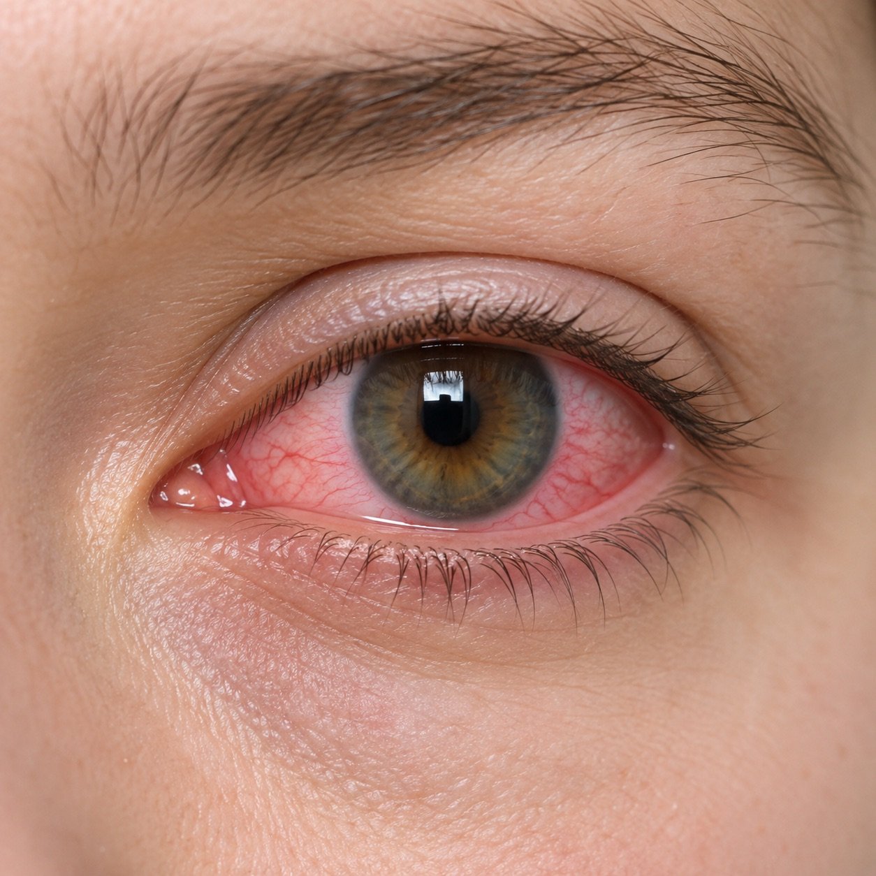 Close-up of a red eye, the white of the eye criss-crossed with dilated blood vessels