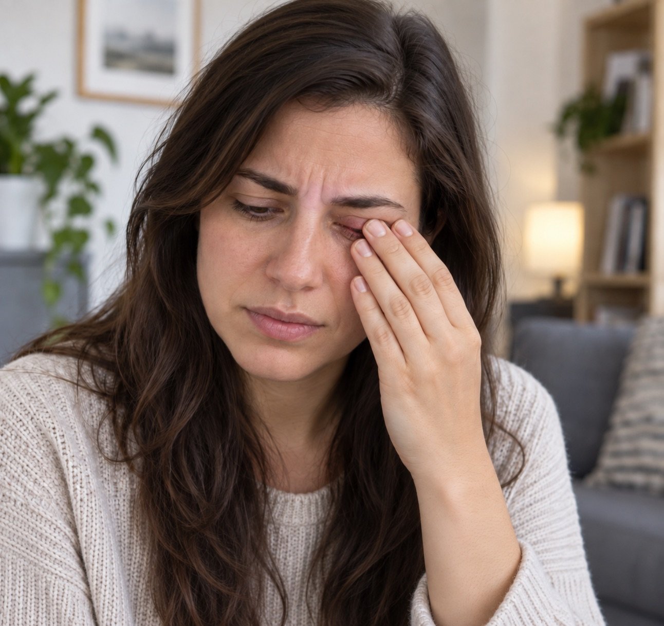 A woman sitting at home pressing her fingers against a sore, irritated eye