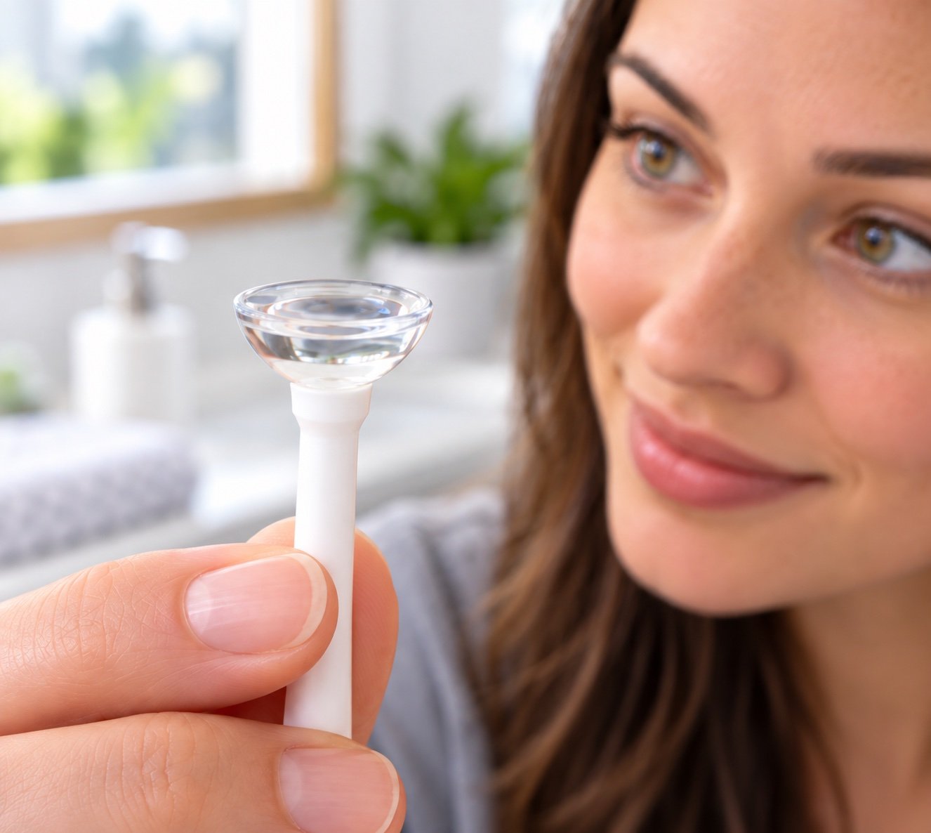 A scleral contact lens held on a white insertion plunger, its large bowl-shaped curve filled with saline, with a smiling patient out of focus behind it