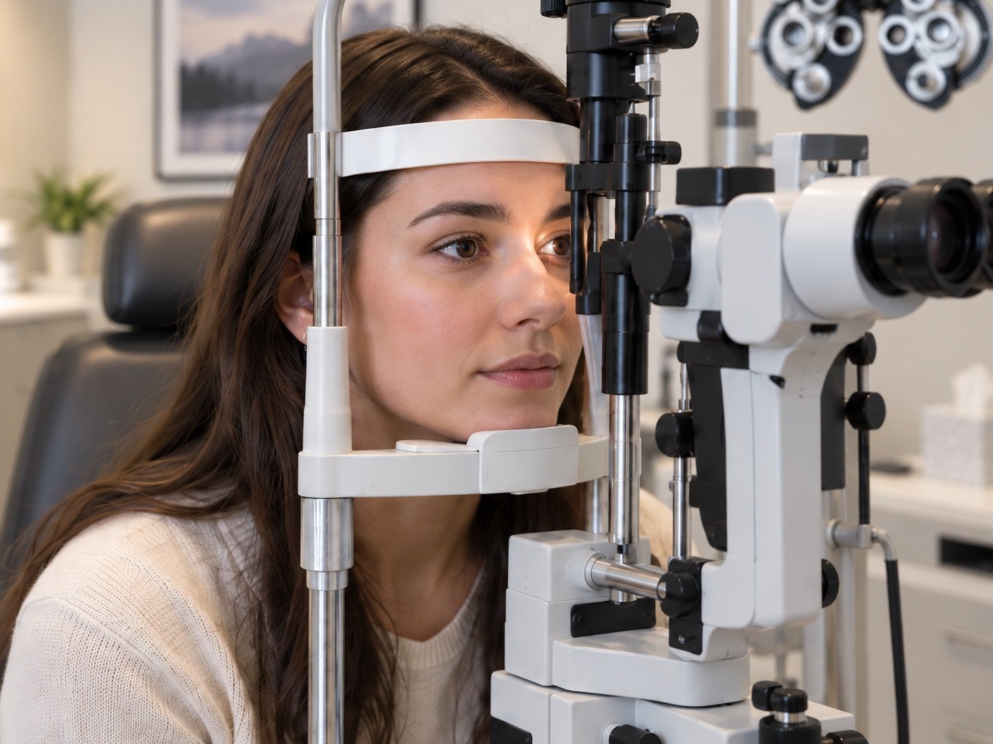 A patient resting against the slit lamp headrest while her eye is examined under magnification at Luminous Optometry