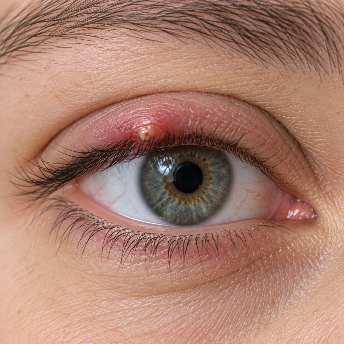 Close-up of an eye with a stye: a swollen, reddened upper eyelid margin with a small yellow point at the lash line