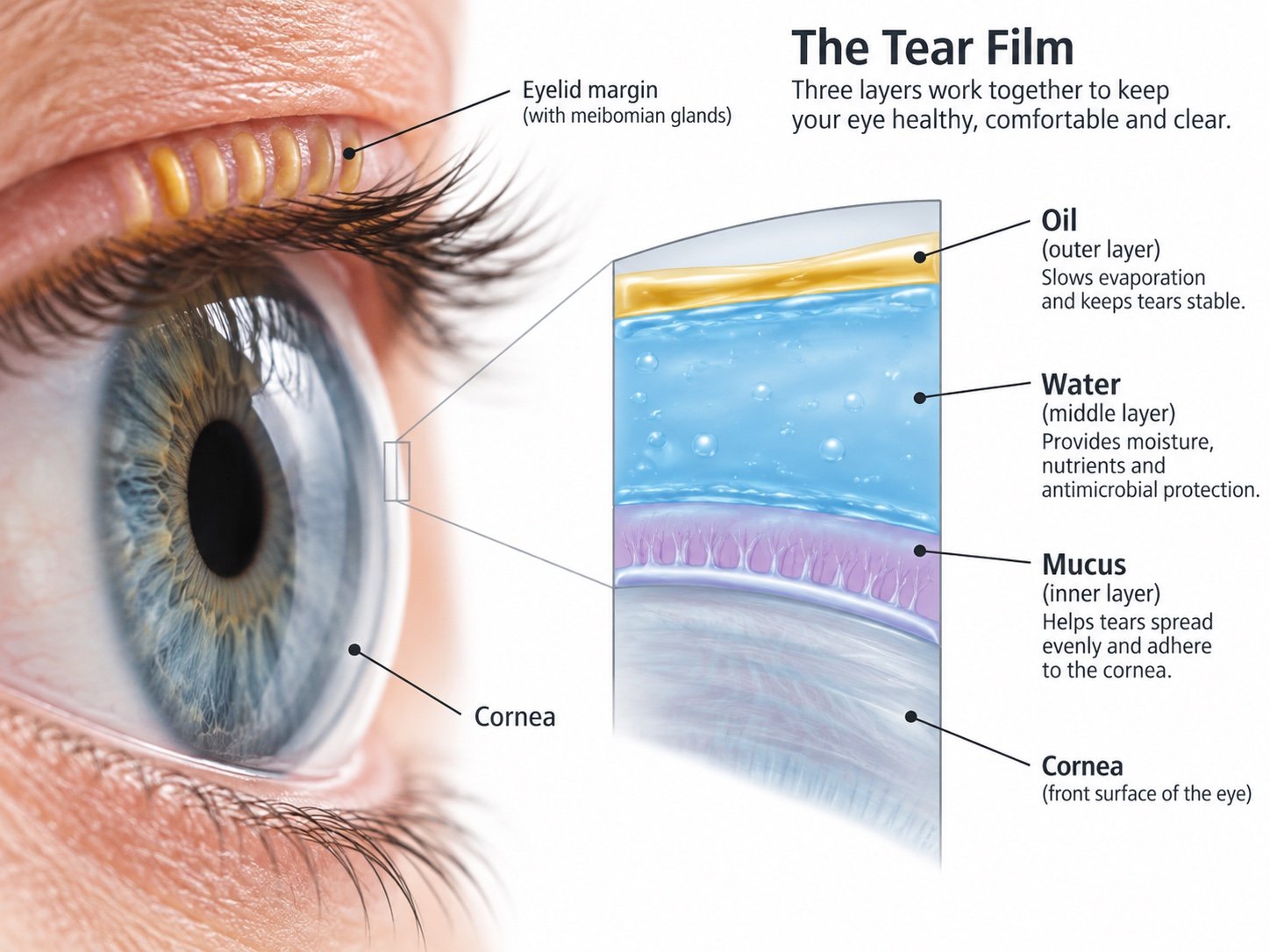 Diagram of the tear film's three layers: an outer oil layer from the meibomian glands that slows evaporation, a middle watery layer providing moisture and antimicrobial protection, and an inner mucus layer that helps tears spread evenly across the cornea