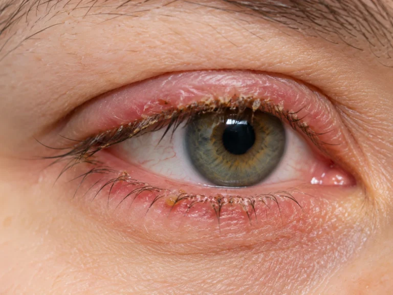 Blepharitis: both lid margins red and inflamed with crusting and scaling around the bases of the lashes
