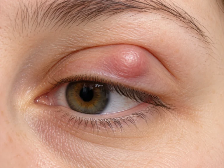 A chalazion in the upper eyelid: a smooth, dome-shaped, painless-looking swelling set back from the lash line