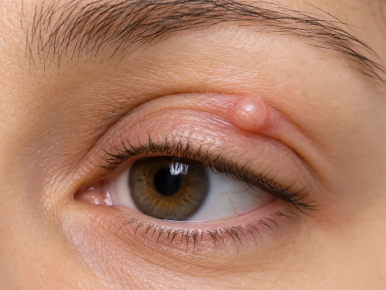 A clear cyst on the upper eyelid margin: a small translucent fluid-filled dome sitting right at the lid edge