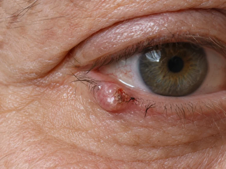 An eyelid lesion that needs examining: a nodule on the lower lid margin with a pearly rolled edge, a crusted center and lashes missing over it