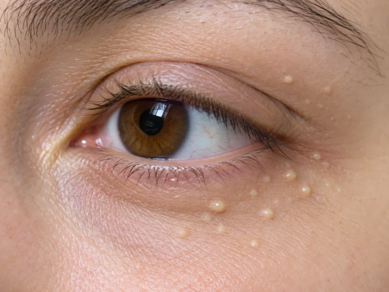 Milia: multiple small cream-white domed bumps scattered across the skin below the lower eyelid