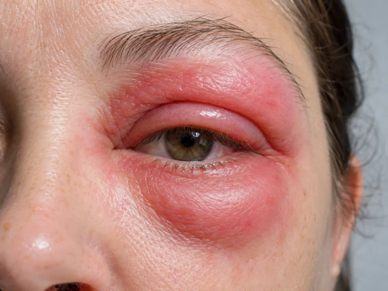Preseptal cellulitis: diffuse redness and swelling spreading across the whole upper and lower eyelid rather than a single lump
