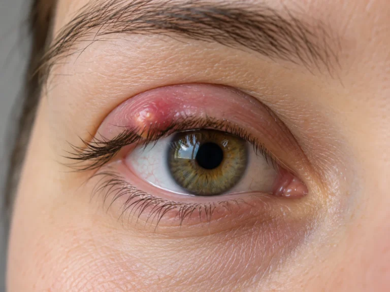 A stye on the upper eyelid: the lid is red and swollen with a small yellow point at the lash line
