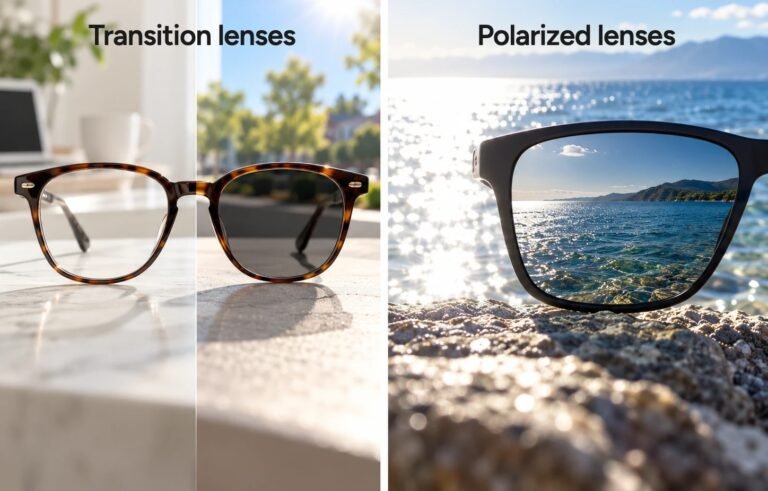 Side by side comparison: tortoiseshell Transition lenses shown clear indoors and dark in sunlight, beside a polarized lens cutting the glare off water to reveal the seabed beneath
